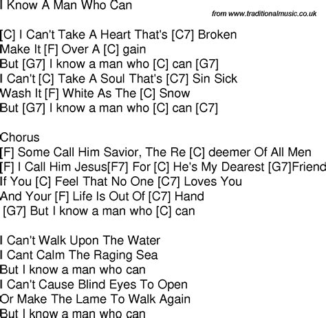 Old time song lyrics with guitar chords for I Know A Man Who Can C