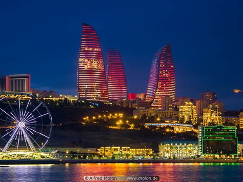 Photo of Flame towers at night. Flame towers, Baku, Azerbaijan