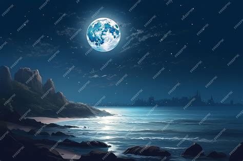 Premium AI Image | Night ocean landscape full moon and stars shine