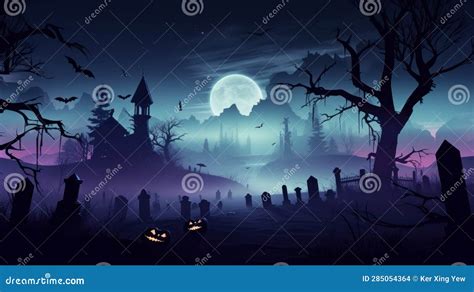 Spooky Silhouette of a Haunted Graveyard with a Moonlit Sky Stock ...