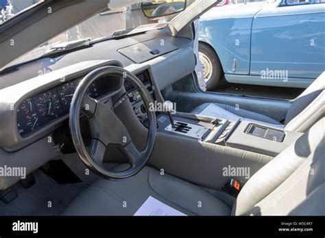 DMC DeLorean motor car and interior shot of steering wheel and ...