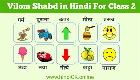 Vilom Shabd in Hindi for Class 2 with Pictures and Worksheet