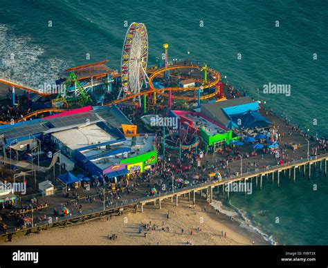 Aerial view, Pacific Ocean, Santa Monica Pier, Rollercoaster, Ferris ...