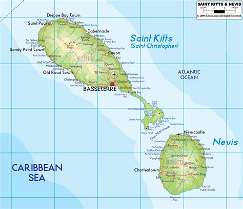 Physical Map of St. Kitts and Nevis