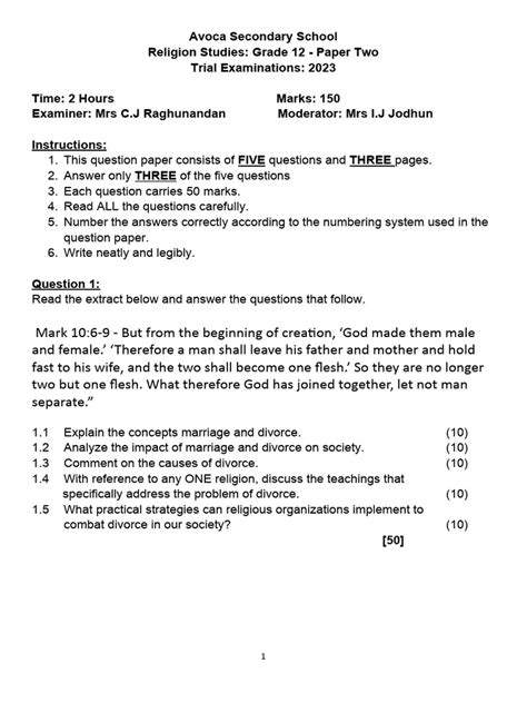 Avoca Secondary School GR 12 Religion Studies Trial Exam Paper 2 2023 ...