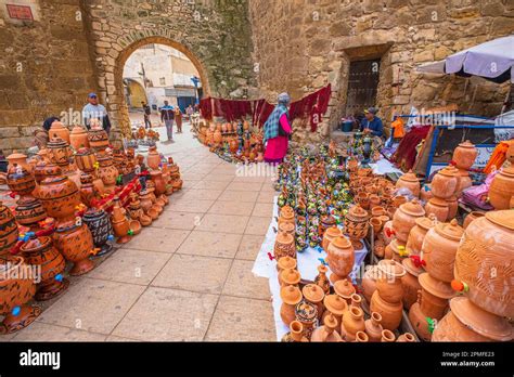 Morocco, Safi, sale of pottery at the foot of the ramparts of the ...