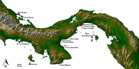 Topographic map of Panama showing the location of the archaeological ...