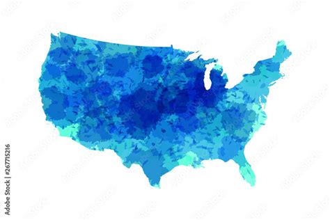 USA watercolor map vector illustration using blue color paint on white ...