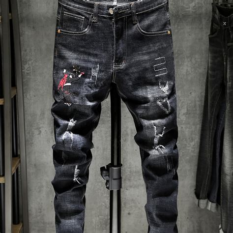 Men's Embroidered Print Denim Jeans Trendy Slim Straight Stretch Black ...