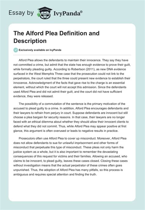 The Alford Plea Definition and Description - 455 Words | Essay Example