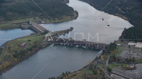 Bonneville Dam structures in the Columbia River Gorge Aerial Stock ...