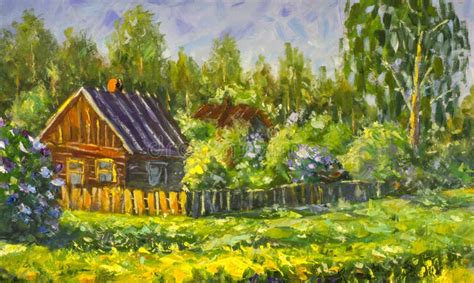 Old Rustic House Painting with Oil. Summer Country Landscape, Sunny ...