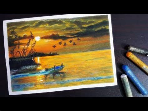 How to draw lake sunset view step by step II nature drawing oil pastel ...