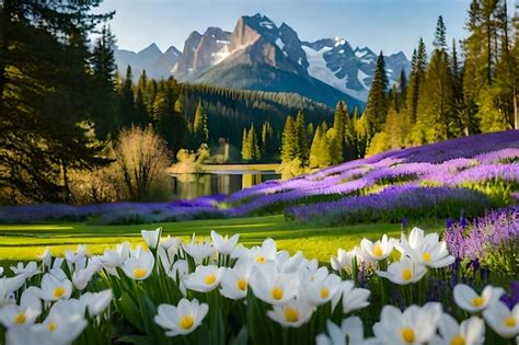 Premium AI Image | Spring flowers in front of a mountain with a lake in ...