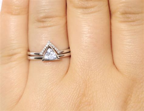 White Sapphire Geometric Triangle Diamond Engagement Ring Set, Nesting ...