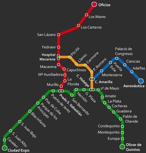 Map of Seville metro: metro lines and metro stations of Seville