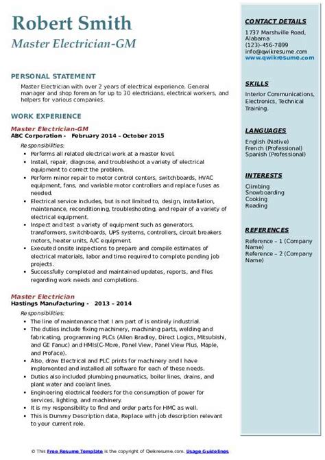 Master Electrician Resume Samples | QwikResume