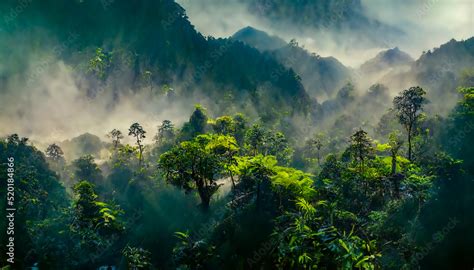 Exotic foggy forest. Jungle panorama, forest oasis. Foggy dark forest ...