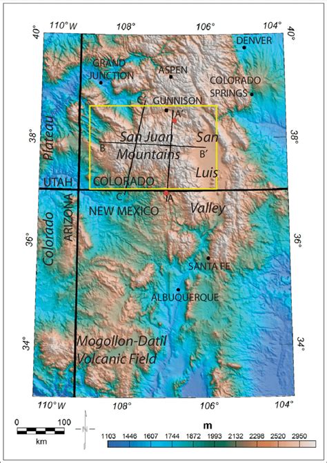 Physiography and geography of the San Juan Mountains region. Yellow box ...