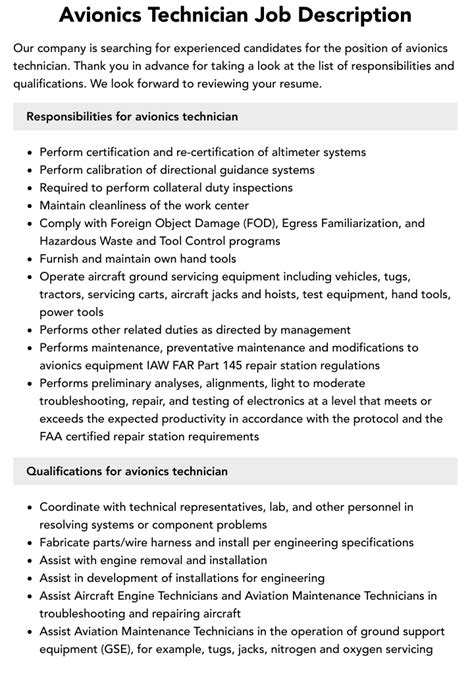 Avionics Technician Job Description | Velvet Jobs