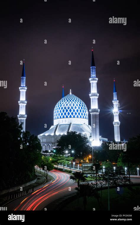 Night view of the Blue Mosque with the light trail Stock Photo - Alamy