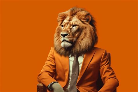 Lion in a suit and tie sits in an armchair on an orange background ...