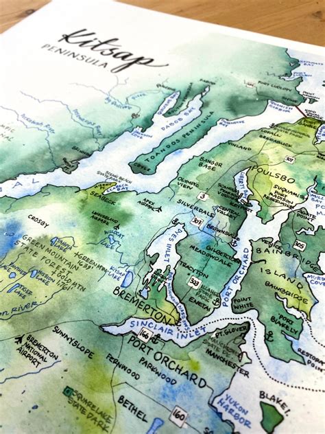 Kitsap Peninsula Map Watercolor Illustration Puget Sound - Etsy Australia