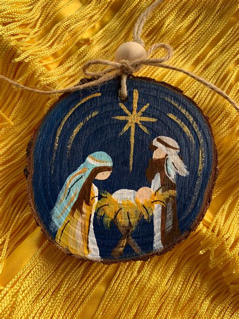 Away in the Manger Nativity Ornament Hand Painted, Wood Slice, Manger ...