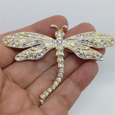 Vintage DRAGONFLY BROOCH PIN Clear Rhinestone Silver Tone Costume ...