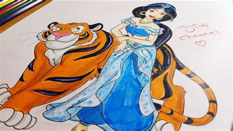 How to draw /coloring princess Jasmine with tiger Rajah from Aladdin ...