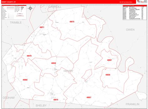 Henry County, KY Zip Code Wall Map Red Line Style by MarketMAPS