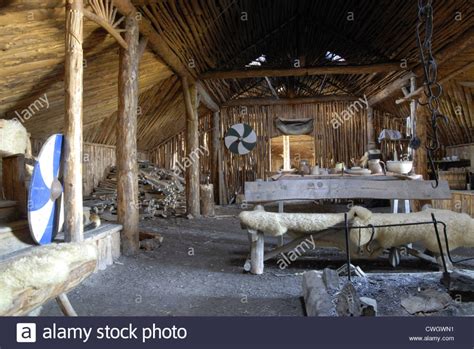 Interior of a Viking house at Norstead Viking Village, Newfoundland ...