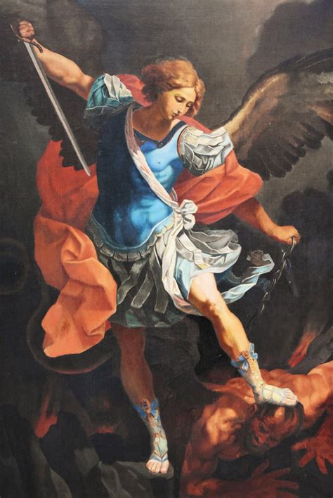 Large 19thc oil painting 'Michael defeating Satan' After Guido Reni