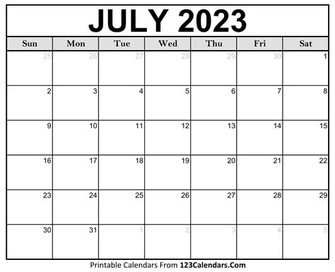 Printable July 2023 Calendar Templates - 123Calendars.com