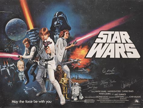 Star Wars (1977), British poster, signed by Carrie Fisher, Dave Prowse ...