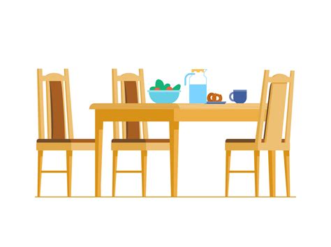 Wooden Kitchen Table With Chairs With Food And Drinks On It Flat Vector ...