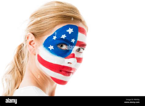 Young girl with american flag face paint isolated on white Stock Photo ...