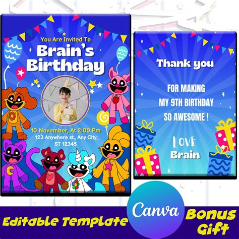 Smilling Critters Editable on Canva Printable Birthday Party Invitation ...