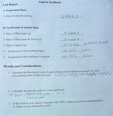 SOLVED: Aspirin Synthesis Lab Report Preparation Data: 1. Mass of ...