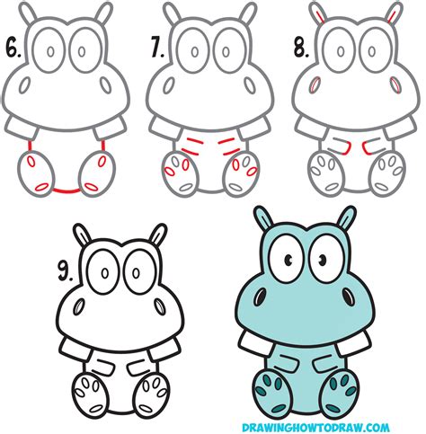 How to Draw a Cute Cartoon Hippo Simple Steps Drawing Lesson for ...