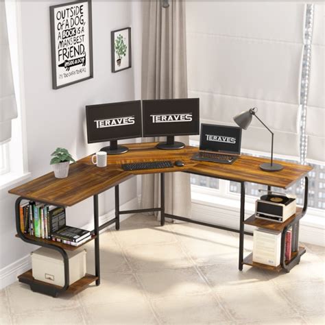 Teraves L-Shaped Computer Desk with Bookshelves, Large Corner Desk Home ...