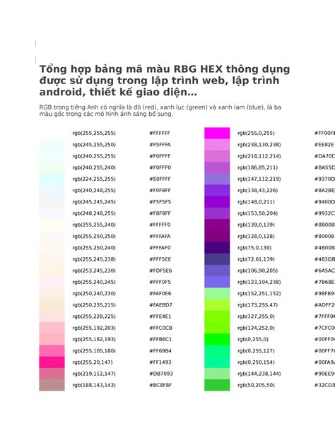 Tổng hợp bảng mã màu RBG HEX thông dụng được sử dụng trong lập trình ...