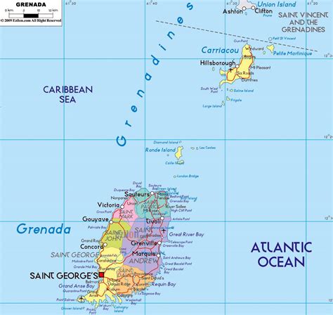 Large political and administrative map of Grenada with roads, cities ...