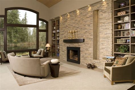 Contemporary living room with stacked stone accent wall, recess ...