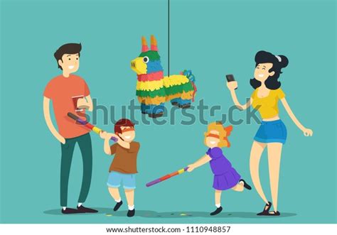 Family Children Hitting Pinata Vector Illustration Stock Vector ...