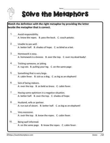 Solve the Metaphors | Language worksheets, Figurative language ...