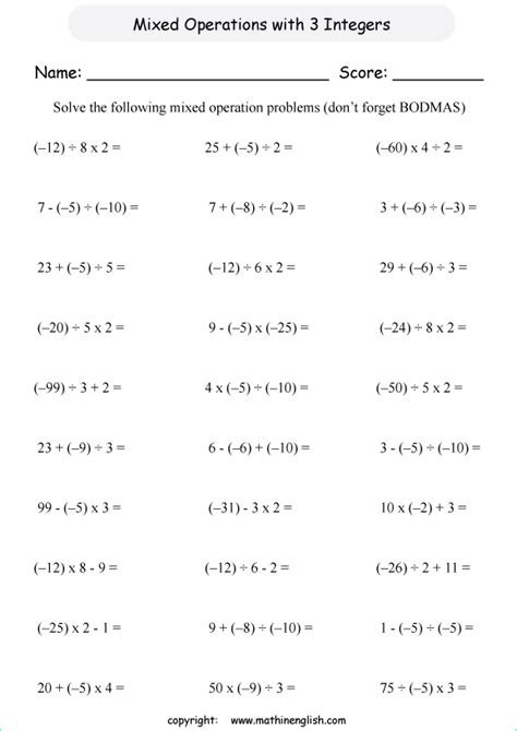 Mixed Operations math worksheet with 3 terms of negative numbers and ...