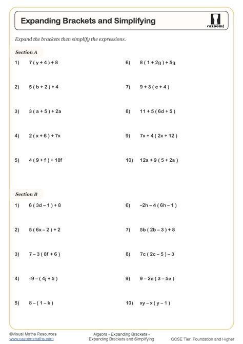 Expanding Brackets and Simplifying Worksheet | Printable PDF Worksheets