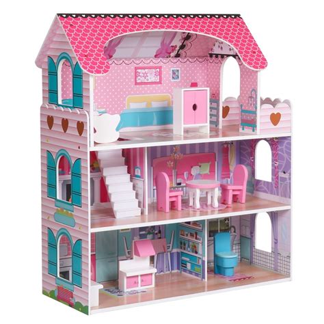 Large Children's Wooden Dollhouse Kid House Play Pink with Furniture ...