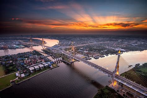 evening, Bridges, Rivers, Bangkok, From, Above, Chao, Phraya, River ...